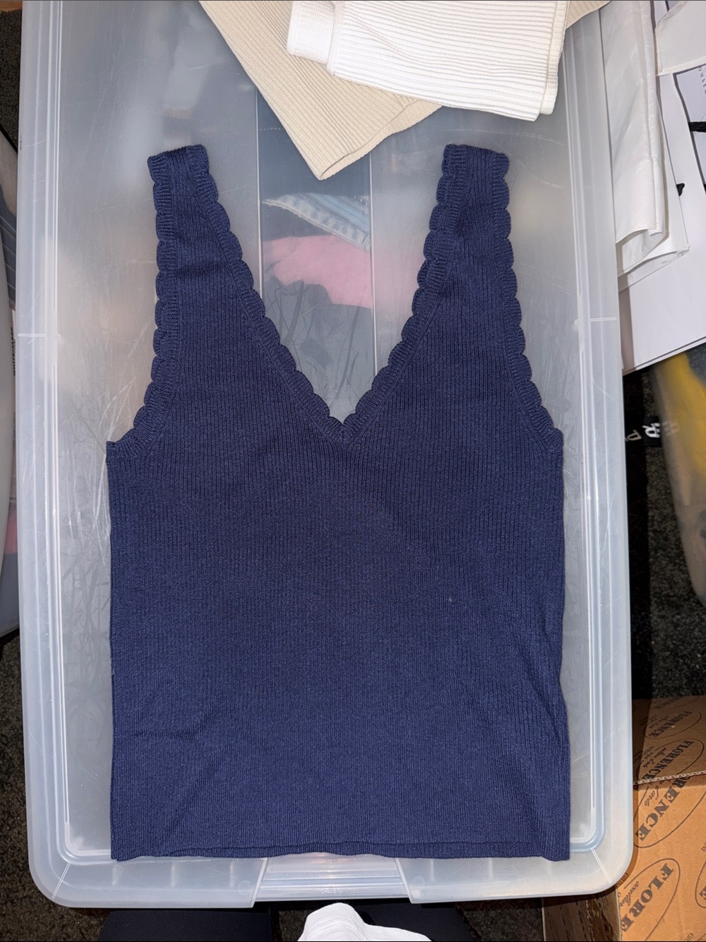 Navy Scallop V-Neck Knit Tank Top